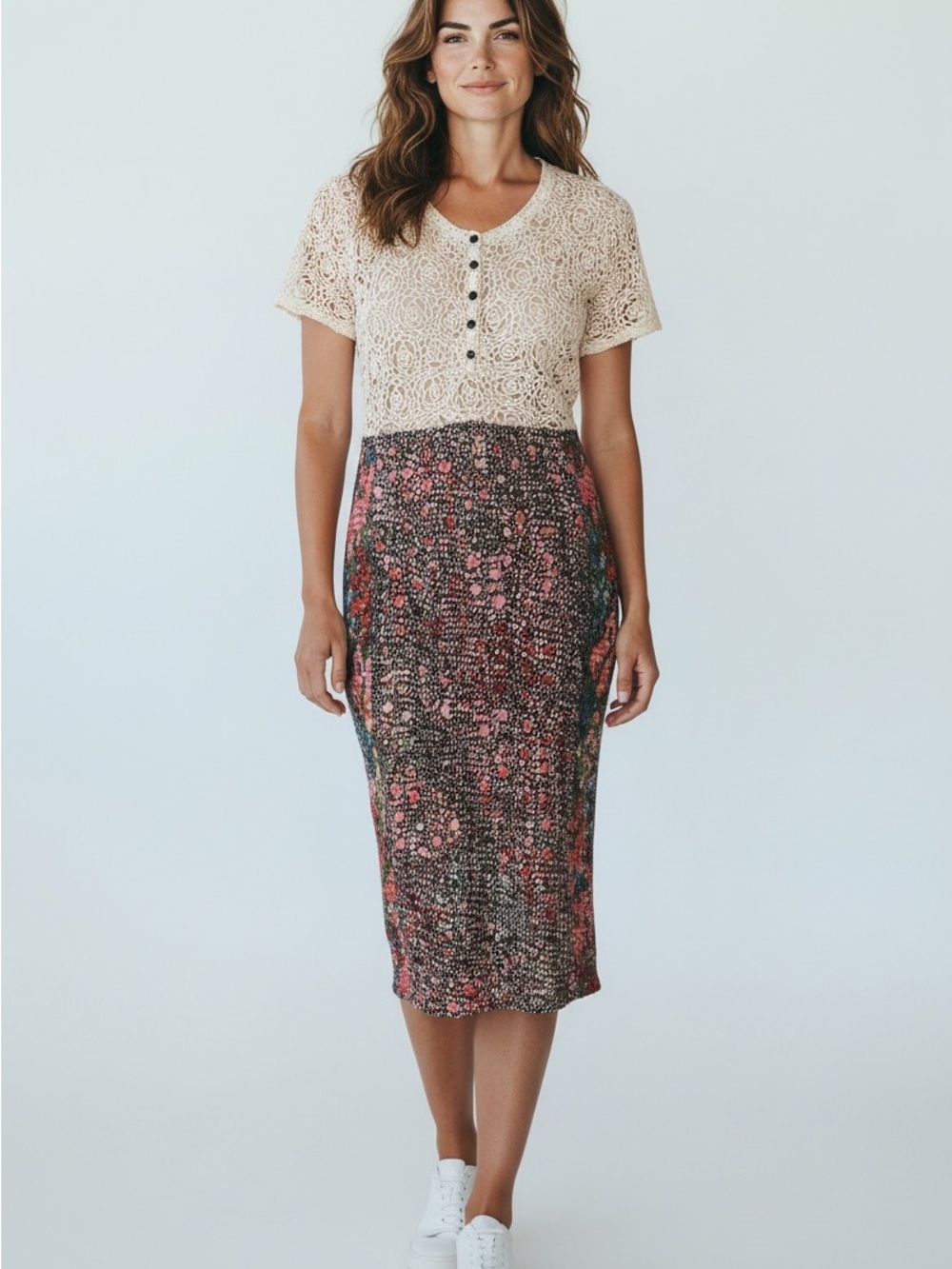 Byron Lars Beige Lace Top with Multi-Color Floral Midi Skirt